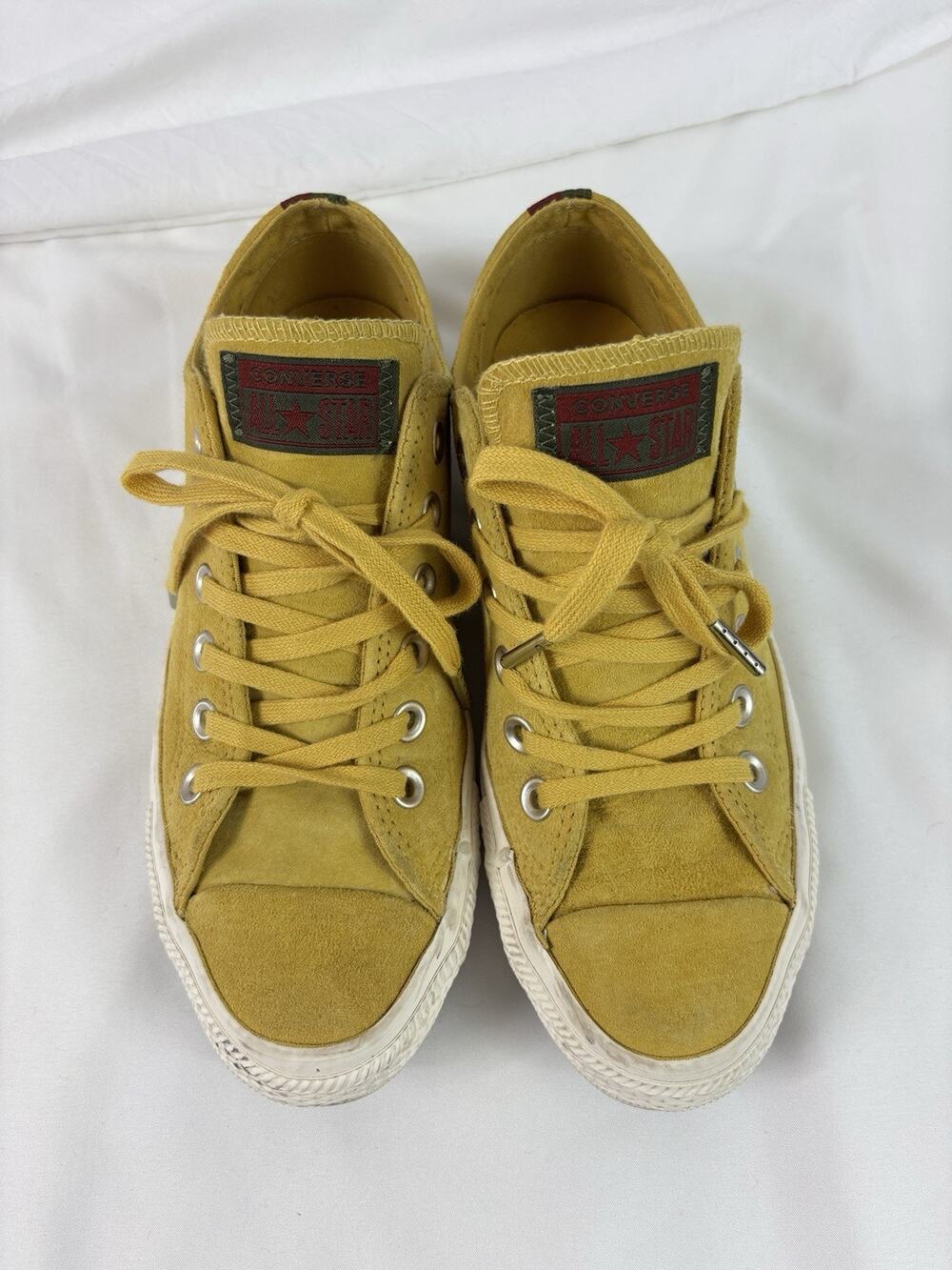 Converse Low Top Sneakers Mustard Yellow Suede 7.5 Burgundy Green Accents